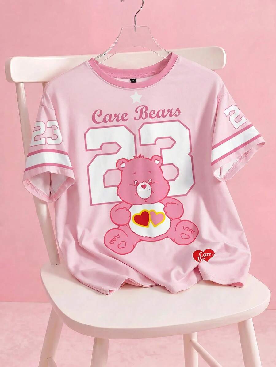 SHEIN X Care Bears 女士休闲圆领短袖粉色T恤,舒适夏季运动数字条纹衫,卡通可爱英文字母印花图案 - 白色 - 查看 1