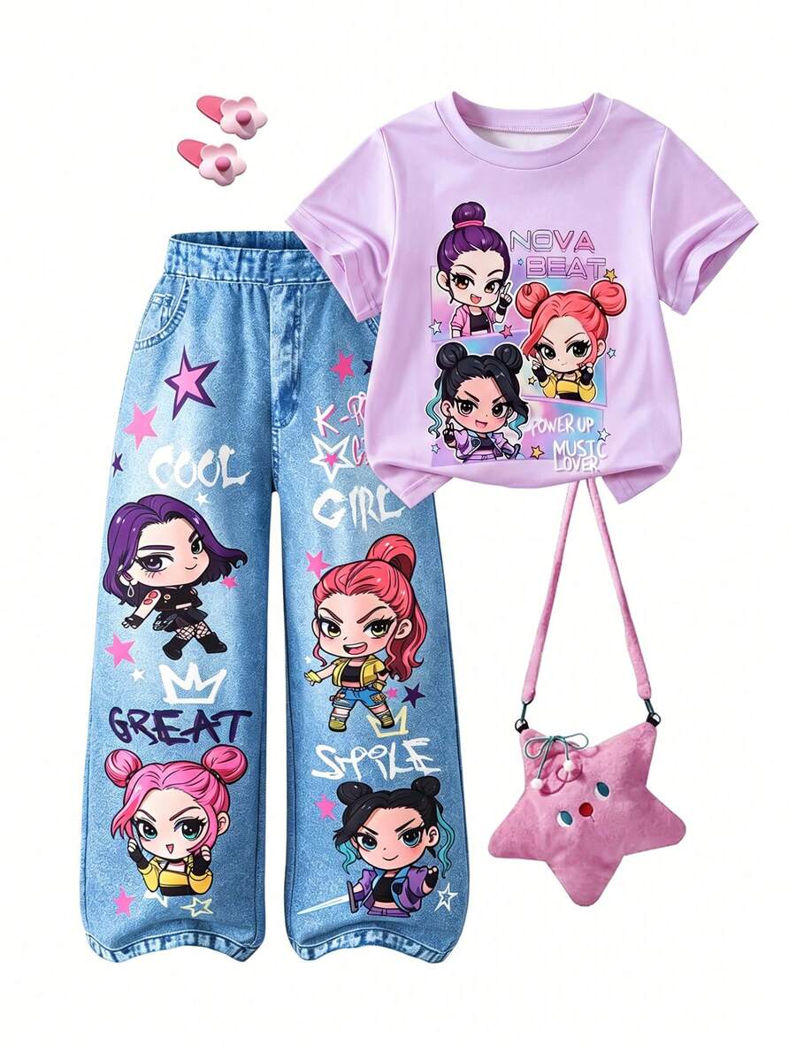 Girls' 2-Piece T-Shirt And Pants Set, Purple Short Sleeve Round Neck T-Shirt With Cute Cartoon Anime Print And Pocket, Straight Leg Long Pants, Summer Young Girl' Outfit, Vibrant Summer Vibe, Eye-Catching For Travel And School - Multicolor - View 1
