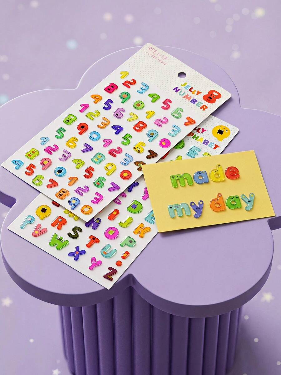 Joivida 2Pcs 3D Crystal Alphabet Number Stickers , Colorful Transparent Jelly Letter Number Stickers With Cute Cartoon Face Design, Self-Adhesive DIY Decals For Scrapbooking, Journaling, Notebook, Laptop, Water Bottle & Phone Case, Ideal For Birthday Party Favors & Creative Craft Projects (2 Styles Available) - multicolor - View 1