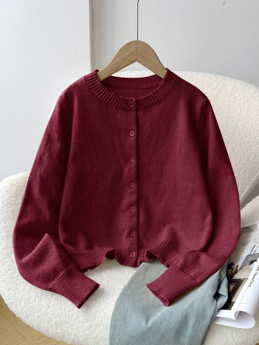 SHEIN Tween女孩寬鬆休閒極簡舒適圓領前開鈕扣純色秋季針織衫 - 酒紅色 - 查看 1