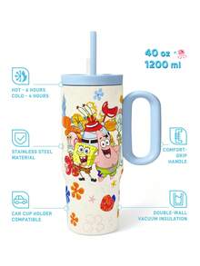 SpongeBob SquarePants | SHEIN 24盎司帶手柄保溫杯，真空隔熱水壺，不鏽鋼旅行隨行杯，車用杯 - 米白色 - 查看 3