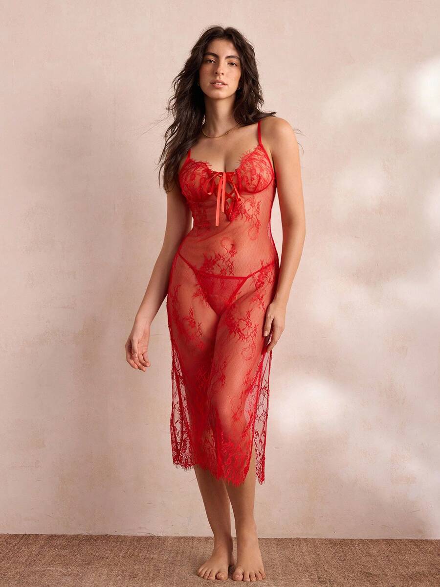 Charlaine Women's Sexy Lace Sheer Nightgown - Red - View 1