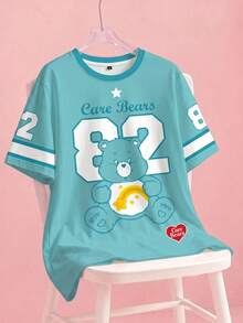 SHEIN X Care Bears Kaos Lengan Pendek Leher Bulat Ukuran Besar Kasual Musim Panas dengan Motif Angka & Beruang - Putih - View 1