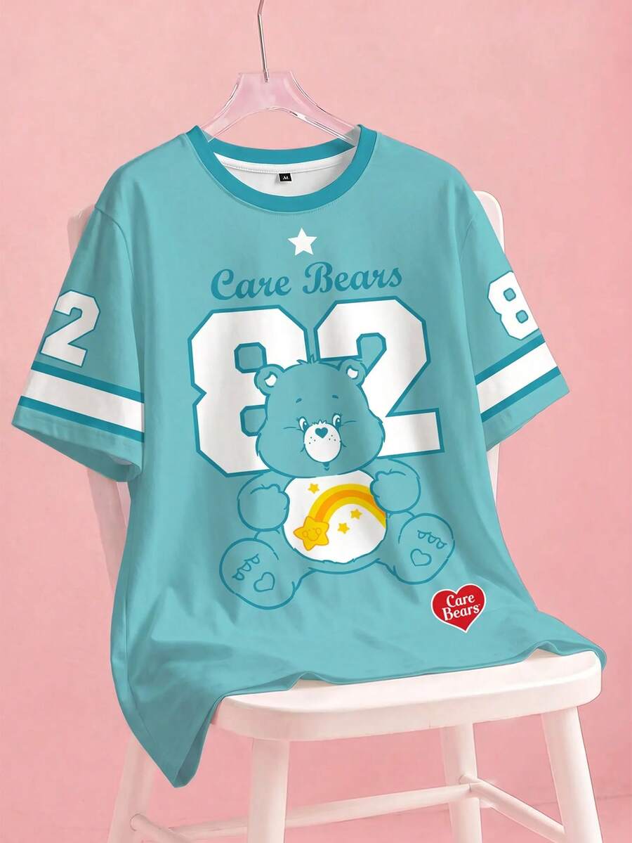 SHEIN X Care Bears Kaos Lengan Pendek Leher Bulat Ukuran Besar Kasual Musim Panas dengan Motif Angka & Beruang - Putih - View 1