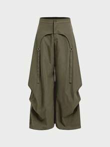 AXEPEAK Men's Solid Color Deconstructed Design Wide Leg Loose Casual Pants - Army Green - View 3