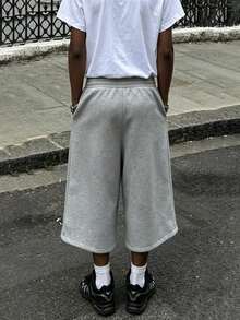Manfinity Dauomo Men's Elastic Waist Pocket Casual Solid Color Wide Leg Cropped Straight Pants - Grey - View 2
