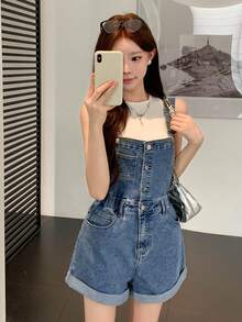 DAZY Quần yếm short denim nữ mùa hè ống rộng, gấu xắn, mài rách, màu xanh wash, phong cách Y2K - Màu xanh lam - Xem 7
