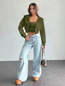 SHEIN PETITE Mujer unicolor Cremallera Delantera Manga Larga Bolsillo - Verde militar - Ver 4