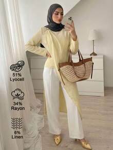 Elenzga Kemeja Wanita Model Lilitan dengan Hem Asimetris Warna Polos - Kuning - View 4