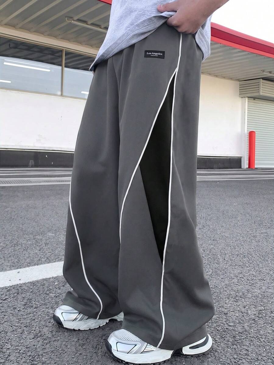 SHEIN 青少年男孩字母拼接對比色寬腿寬鬆休閒長褲 - 灰色 - 查看 1