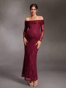 Cheriluna Maternity Maternity Off-Shoulder Long Sleeve Fitted Elegant Lace Photography Dress - Burgundy - View 4
