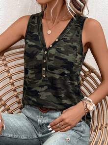 SHEIN Clasi 女款V領迷彩休閒百搭日常上衣 - 軍綠色 - 查看 4