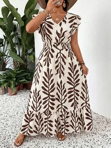 SHEIN LUNE 大尺碼女款V領滿版印花簡約長版休閒洋裝 波希米亞風夏季穿搭 老錢風女裝 春假派對穿搭 節慶穿搭 - 彩色 - 查看 4