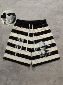 ROMWE MEN Men's Striped Letter Print Drawstring Waist Pocket Casual Shorts - Black and White - View 1