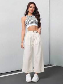 SHEIN Tall CURVE 大尺碼休閒百搭素色寬腿牛仔褲 - 白色 - 查看 8