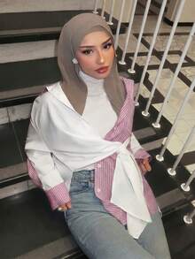 Solavon New Design Mixed Material Striped Loose Lazy Style Modest Shirt Office Pink And White Striped Autumn - Pink - View 4