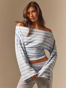 Athîral Women's Blue And White Stripe Stripe Stripe Off-Shoulder Drop Shoulder Long Sleeve Casual Coastal T-Shirt Vacation Autumn Vacation Brunch - Blue and White - View 6