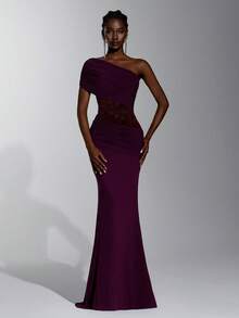 Elitara Anker Dark Purple Lace Mesh One Shoulder Asymmetric Ruched Bodycon Mermaid Long Maxi Dress Women's Elegant Classy Prom Wedding Guest Evening - Burgundy - View 7
