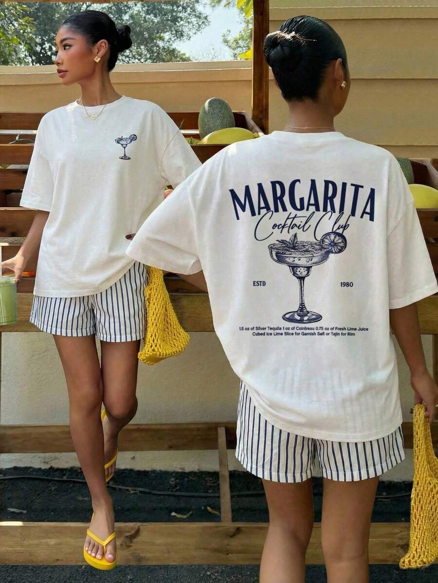 Muchica 女款夏季字母雞尾酒印花圓領短袖T恤搭配藍色條紋短褲休閒兩件套,適合春/夏、度假、百搭風格 - 彩色 - 查看 1