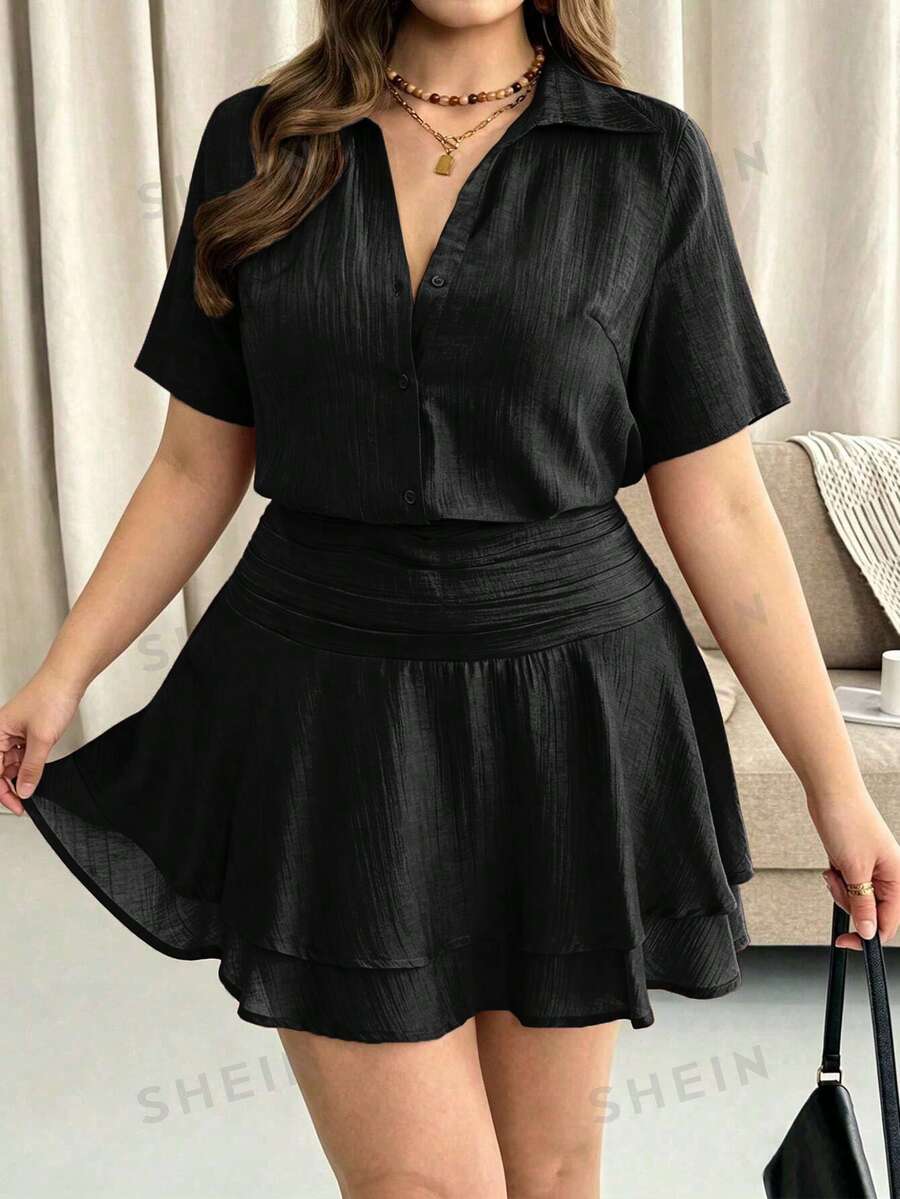 Vionelle Plus Size Women's Elegant Casual Solid Color Pleated Short Two Pieces Set For Spring And Summer Vacation Black Date Vacation Vacation Night Formal - Black - View 1