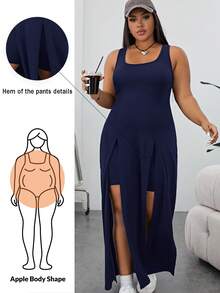 Shapeblank Casual Plus Size Knitted Navy Blue Scoop Neck Short Dress With Split Thigh Design - Navy Blue - View 1