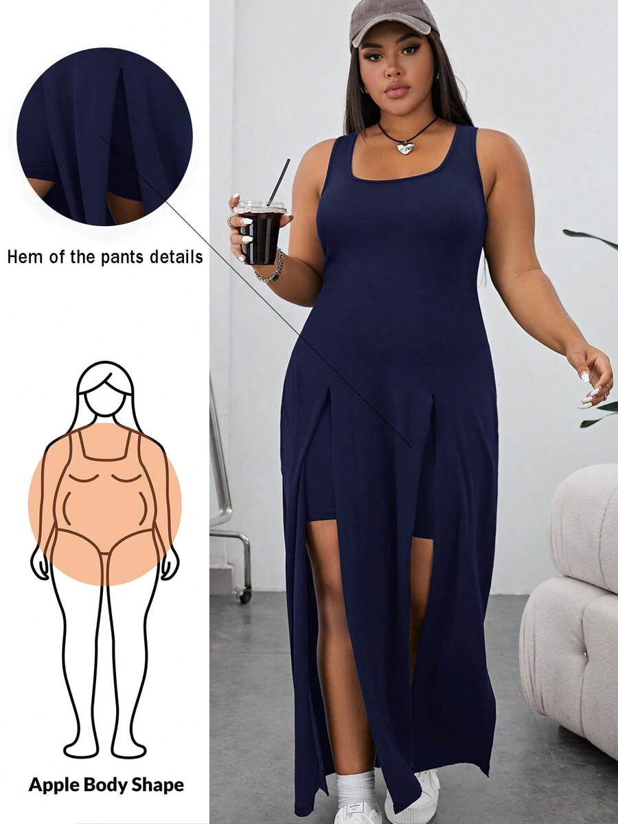 Shapeblank Casual Plus Size Knitted Navy Blue Scoop Neck Short Dress With Split Thigh Design - Navy Blue - View 1