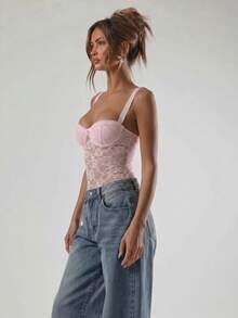 MUSERA Diamante Lace Bodysuit Sexy Club Vacation Summer Rave Holiday Festival Western Night Out Date Night Fall Evening New Year Spring Elegant - Pink - View 4