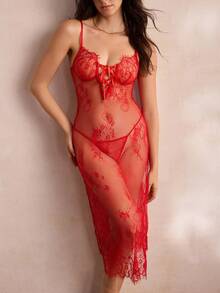 Charlaine Women's Sexy Lace Sheer Nightgown - Red - View 4