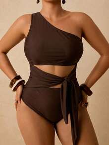 Travachic Plus Size Women's Solid Color Cutout Waist Knot One-Piece Swimsuit For Vacation Bathing Suit - Brown - View 1