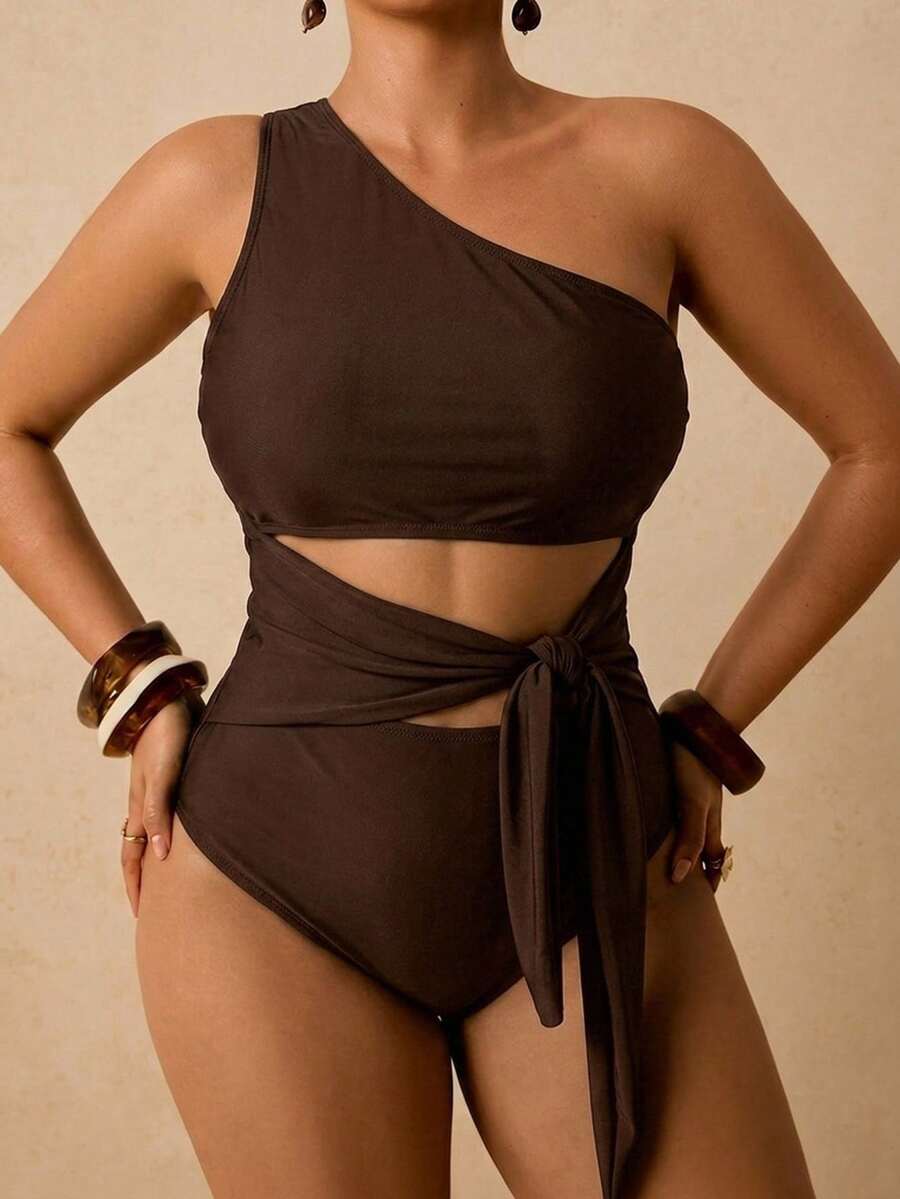 Travachic Plus Size Women's Solid Color Cutout Waist Knot One-Piece Swimsuit For Vacation Bathing Suit - Brown - View 1