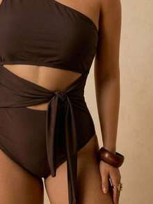 Travachic Plus Size Women's Solid Color Cutout Waist Knot One-Piece Swimsuit For Vacation Bathing Suit - Brown - View 3