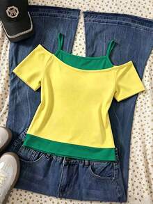 Spring Summer Autumn Tween Girls' Brazil Five-Pointed Star Light Yellow Striped Letter Slogan Pattern Casual Streetwear Y2k 2 In 1 T-Shirt Tops School - Multicolor - View 2