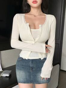 DAZY 春秋女款鏤空蕾絲飾邊拼接細肩帶背心與長袖開襟外套短版上衣套裝 - 白色 - 查看 9