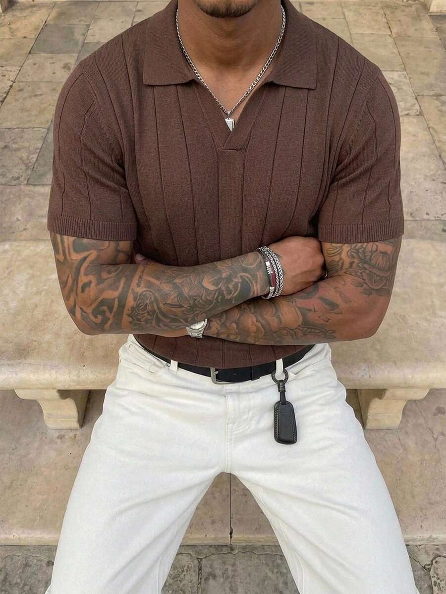 Manfinity Homme 男士素色POLO領短袖休閒百搭針織上衣 - 棕色 - 查看 1