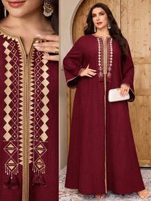 Al Najma 大尺碼女款時尚度假刺繡阿拉伯傳統長洋裝 - 酒紅色 - 查看 3
