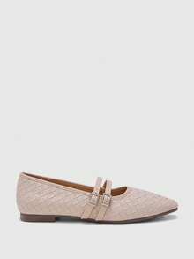 CUCCOO BIZCHIC Zapatos Mary Jane de mujer con doble hebilla tejida, punta cuadrada y suela plana, estilo retro francés con suela blanda, cómodos y versátiles para el uso diario - Polvo desnudo - Ver 2