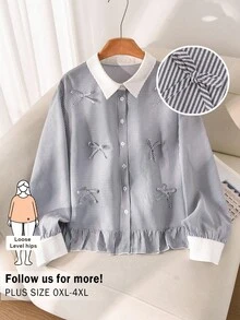 CosyJoli Plus Size Women's Colorblock Patchwork Button-Down Shirt, Casual Cute Kawaii, Long Sleeve Babydoll Top, Autumn Outing, Graduation Back-To-School White - Blue - View 2