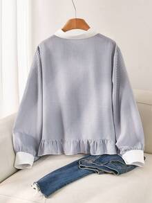 CosyJoli Plus Size Women's Colorblock Patchwork Button-Down Shirt, Casual Cute Kawaii, Long Sleeve Babydoll Top, Autumn Outing, Graduation Back-To-School White - Blue - View 3