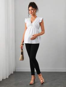 SHEIN Maternity Summer Casual Elegant Normal Solid Color Lace Patchwork Blouse Babyshower Allover White - White - View 6