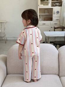 DAZY 女嬰條紋短袖上衣與長褲家居服幼兒 - 藕粉色 - 查看 2