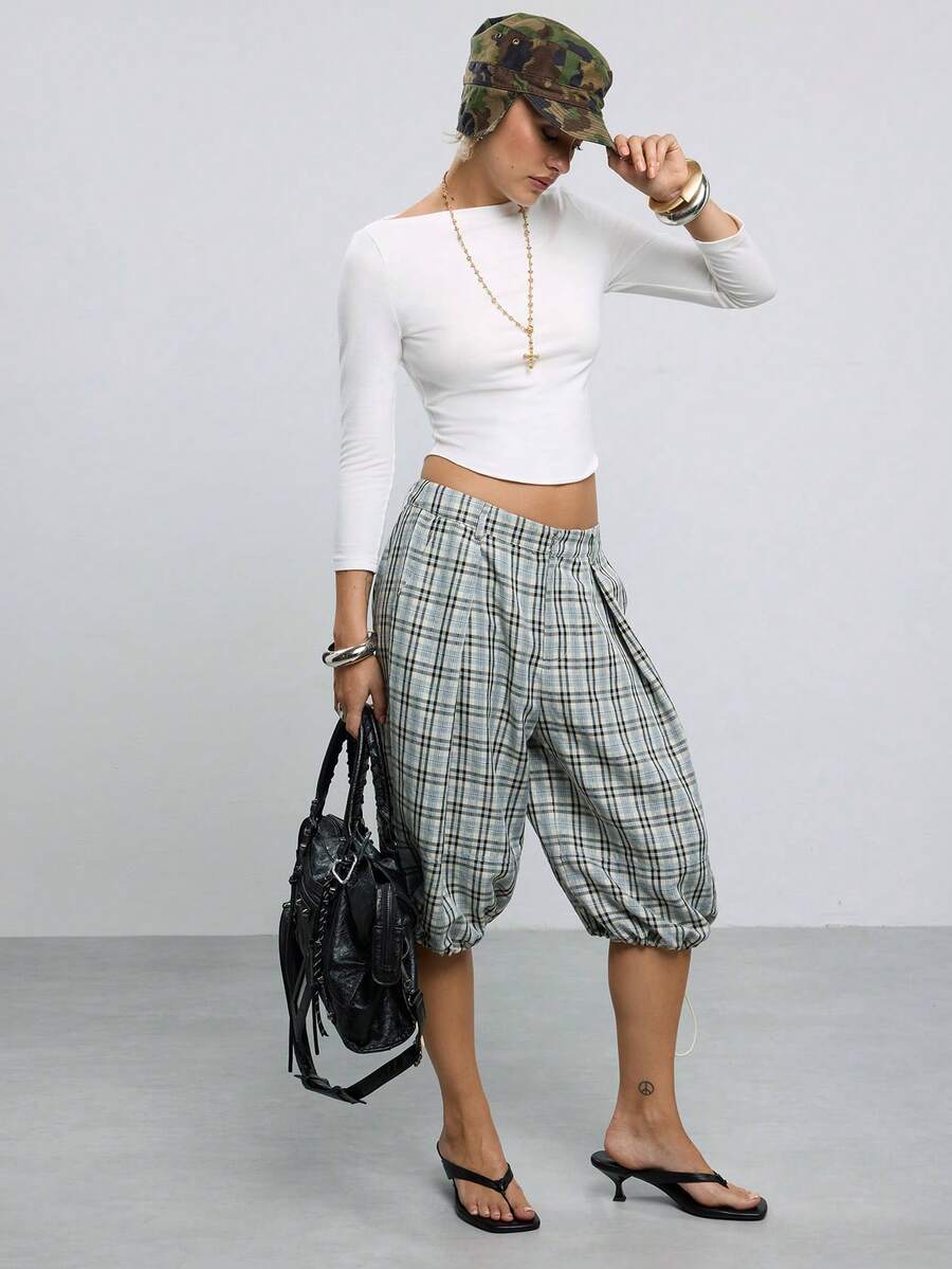 COUREZ Low Rise Balloon Cropped Parachute Trousers Adjustable Hem Y2K Casual Old Money 70's Inspired Capris For Women Summer Everyday Formal Work Grey Plaid - Multicolor - View 1