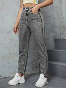 SHEIN ICON 女款休閒百搭牛仔Mom牛仔褲，附口袋 - 灰色 - 查看 8