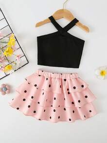 SHEIN Playful Pals 2026夏季新款女童黑白波點蛋糕裙套裝，交叉肩帶設計甜美酷感2件套，女嬰韓系優雅度假公主裙 - 粉色 - 查看 3