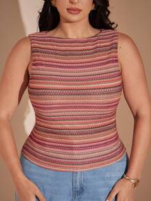 SHEIN BAE CURVE 大尺碼女款休閒條紋背心，夏季 - 彩色 - 查看 8