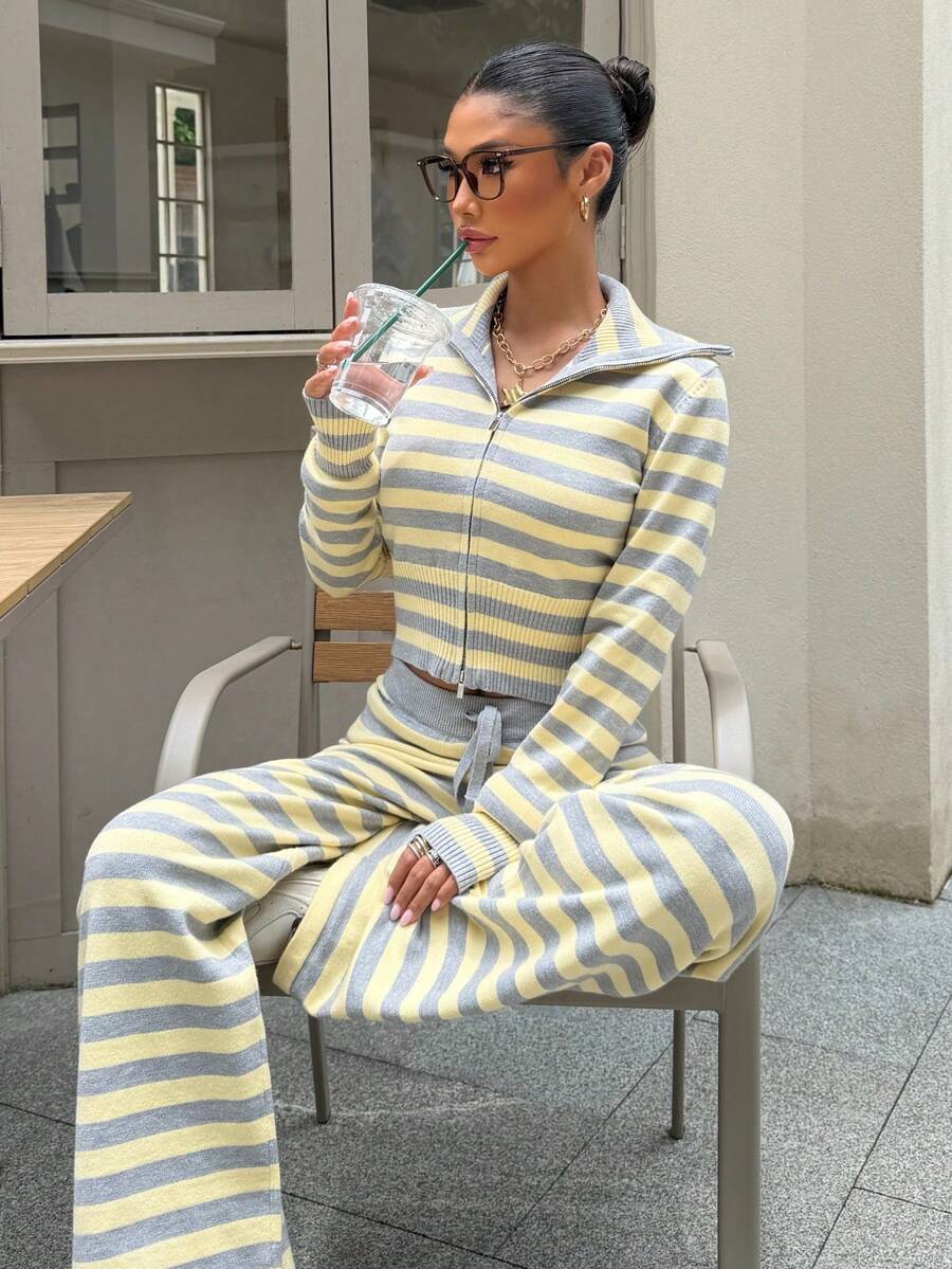 Muchica Women's Light Yellow Colorblock Zipper Long Sleeve Top And Pants Casual Back-To-School Knit Set School Night Autumn - Multicolor - View 1