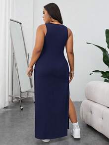 Shapeblank Casual Plus Size Knitted Navy Blue Scoop Neck Short Dress With Split Thigh Design - Navy Blue - View 2