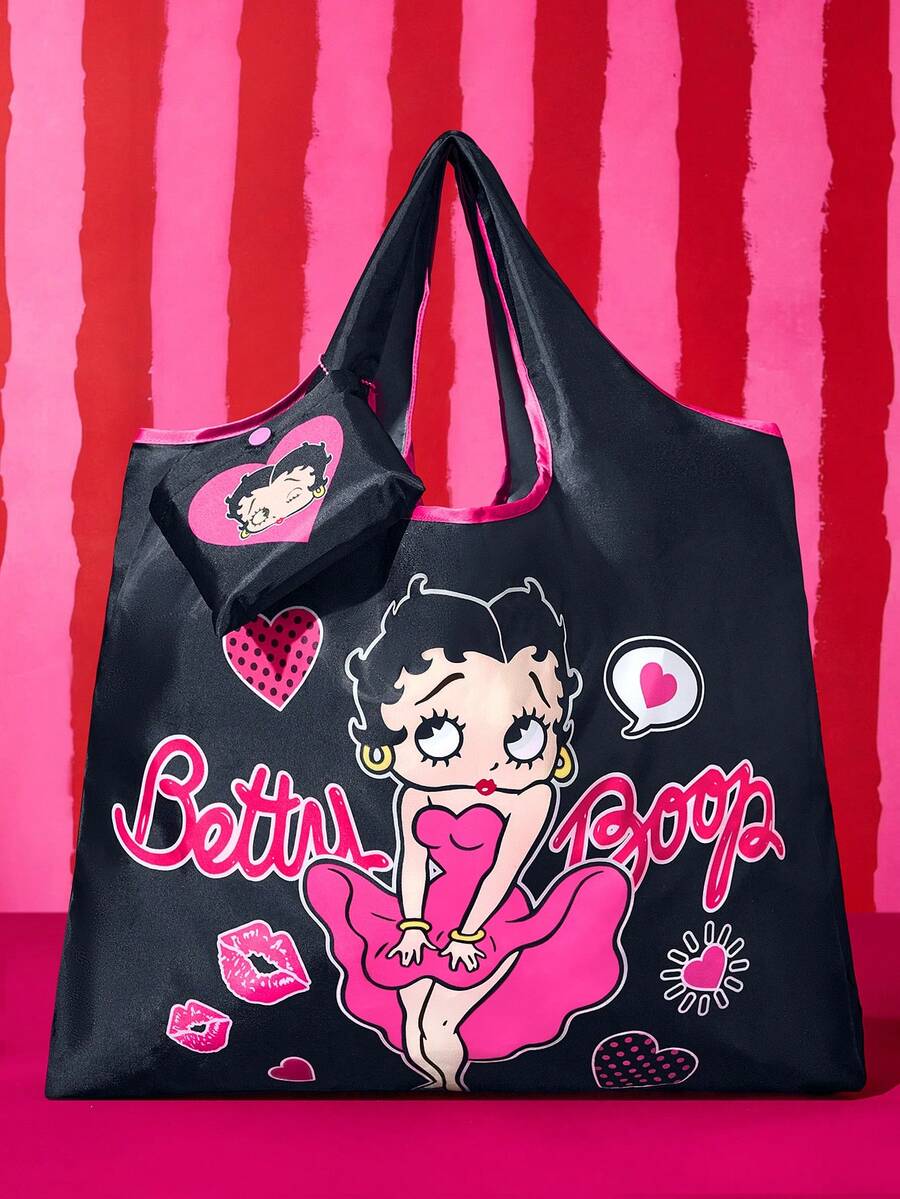 Betty Boop x SHEIN 復古 Pin-Up Girl 與愛心印花可折疊聚酯纖維購物袋,可重複使用超市購物袋附收納袋 - 黑色和粉色 - 查看 1