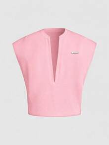 AXEPEAK Men's Metal Letter Patchwork Deep V-Neck Casual Tank Top - Pink - View 3