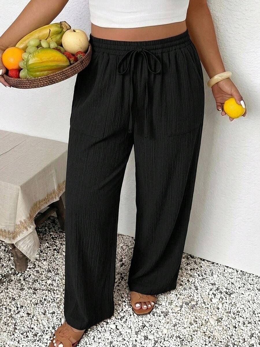 SHEIN Frenchy Damen-Freizeithose in großen Größen, lässiger Business-Boho-Stil, locker geschnitten, modische leichte schwarze Strandhose für den Urlaub, geeignet für Strandurlaub, Sommerkleidung für Damen, Business-Hose für Frauen, lässige Urlaubshose