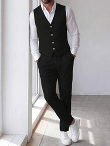 Manfinity Mode 男士純色背心與長褲套裝 婚禮正裝套裝 男士正式服裝 婚禮套裝 - 黑色 - 查看 3